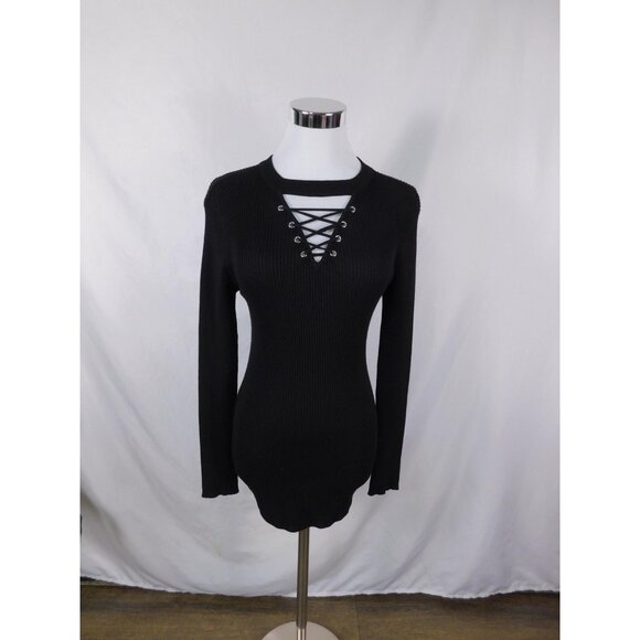 Sweater Womens Small Black Lace Up Ribbed Long Sleeve Fitted Knit Pullover Top - Picture 1 of 7
